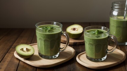 looking looking glass jolt countenance with green health smoothie , Michigan leaf , birdlime , apple , New Zealander , grapeshot , banana , avocado , lettuce. Creative resource, AI Generated - obrazy, fototapety, plakaty
