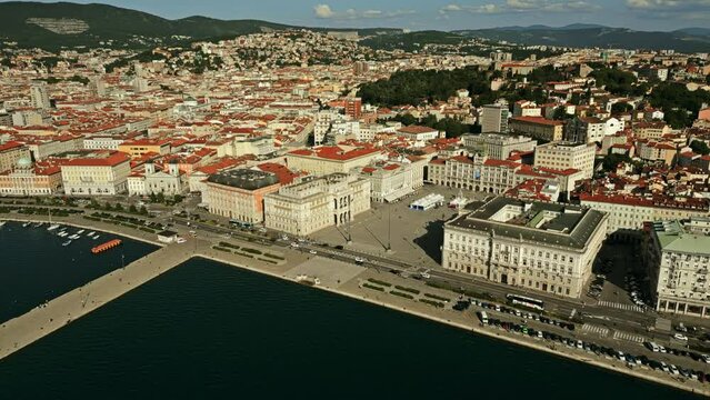 Piazza Unita d'Italia main square in the city of Trieste, drone aerial view