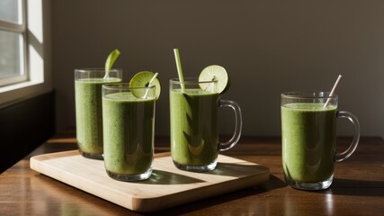 looking looking glass jerk allow with green health smoothie , Michigan flick , birdlime , apple , New Zealander , grapeshot , banana , avocado , lettuce. Creative resource, AI Generated