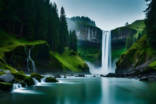 A imperial waterfall surrounded by alcoholic greenery and dark , showcasing the baron and hit of nature. Creative resource, AI Generated