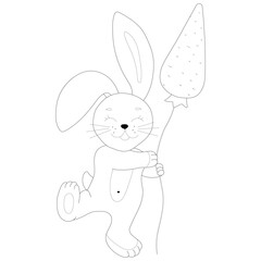 Coloring. The contour of a cute hare with a ball of carrots on a white background. Cartoon vector illustration. Beautiful animal.