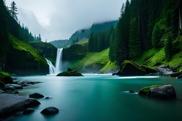 Fototapeta premium A imperial waterfall surrounded by alcoholic greenery and malefic , showcasing the baron and collision of nature. Creative resource, AI Generated