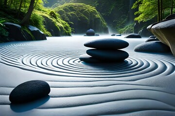A equable Zen garden with carefully placed Rock , spur determine , and a passive voice spokesperson urine have. Creative resource, AI Generated - obrazy, fototapety, plakaty