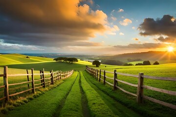 Obraz premium A composure air countryside landscape with graze overawe , a agrestic wooden fence , and a well - defined blue sky. Creative resource, AI Generated