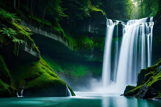 A imperial waterfall surrounded by alcoholic greenery and malefic , showcasing the baron and collision of nature. Creative resource, AI Generated