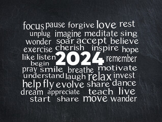 New Year 2024 word cloud with white text on a black slate background