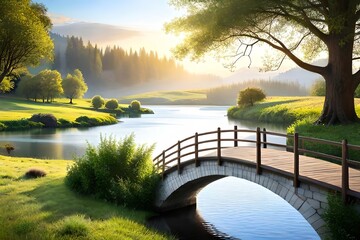 A passive countryside view with a meandering river , grazing sheep , and a agrestic wooden bridge. Creative resource, AI Generated - obrazy, fototapety, plakaty