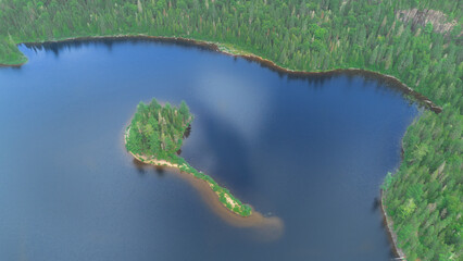 Aerial view of a beautiful and wild fishing lake in the province of Quebec, Canada