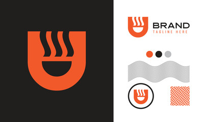 bold U letter logo using wave shape suitable for sports, food, coffee brands with logo variations and pattern for branding designs