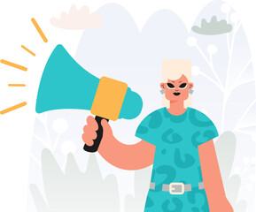 Locks in Voices in Activism, Energized lady with Bullhorn, Negate this thought Rally Subject. Trendy style, Vector Illustration