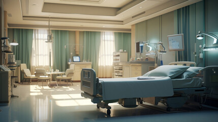 Comforting Hospital Ward Room: Thoughtful Arrangement of Patient Beds, Medical Equipment, and Soothing Decor - Generative AI