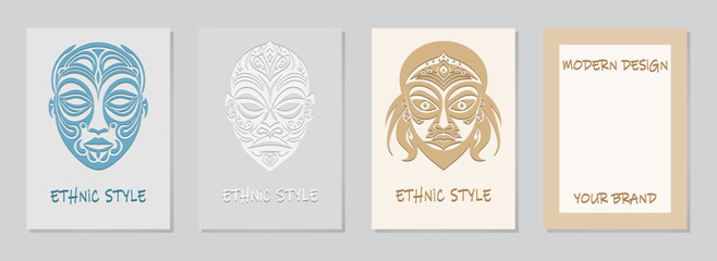 Cover set, vertical templates. Collection of light backgrounds with ethnic geometric tribal relief pattern of the face, masks, ornaments. East, Asia, India, Mexico, Aztec, Africa, Peru.