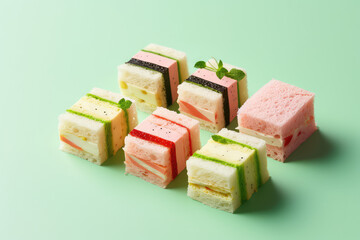 Set of different Japanese Afternoon Tea Sandwiches isolated on flat light pastel color background with copy space for text. Minimal style.
