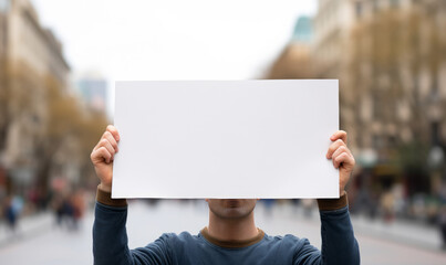 A political activist protesting holding a blank placard sign banner at a protest