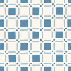 Hand-Drawn Blue and White Geometric Checks Vector Seamless Pattern. Modern Retro Palyful Print. Organic Square Shapes - 629016889