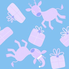 Winter cartoon animals seamless Christmas deer and gift box pattern for wrapping paper and fabrics and kids print