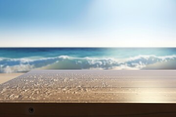 Empty wooden wet table in a beach , overlooking blue sea.Ai generative