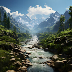 Valley with big mountain view in clear weather, Created with generative artificial intelligence