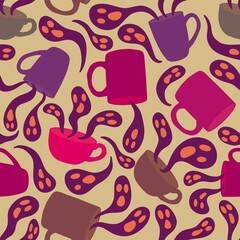 Halloween cartoon monsters seamless ghost and cup of tea and coffee pattern for wrapping paper and fabrics