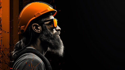 Bearded male builder in hardhat and protective glasses in profile. Copy space background. AI generated.