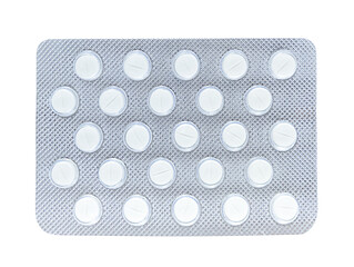 White tablets in silver blister isolated on a transparent png background. Stock photo