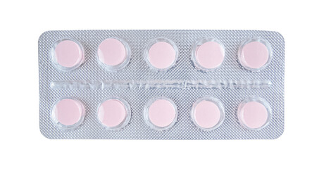 Pink tablets in blister isolated on transparent png background.	Stock photo