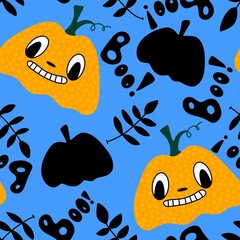 Cartoon autumn vegetable seamless Halloween pumpkins pattern for wrapping paper and fabrics and kids clothes print