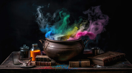Witches Cauldron Brewing Potion with Colorful Steam Smoke - Halloween Theme - Generative AI