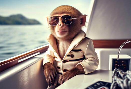 Funny monkey in a jacket and sunglasses travels on a yacht. AI Generated
