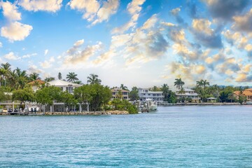 Fototapeta na wymiar View of a residential neighborhood on Duck Key from the Overseas Highway looking across Toms Harbor Channel in the Florida Keys