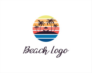 Palm tree, sun and summer beach beautiful logo design. Abstract summer vacation badge and emblem vector illustration.