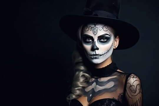 A girl in stylish top hat with skull make up and tattoo on arm. Halloween party