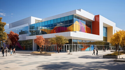 Modern colorful public building with green space, e.g. school or museum. Generative AI