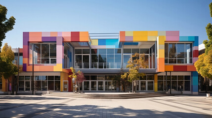 Modern colorful public building with green space, e.g. school or museum. Generative AI - obrazy, fototapety, plakaty
