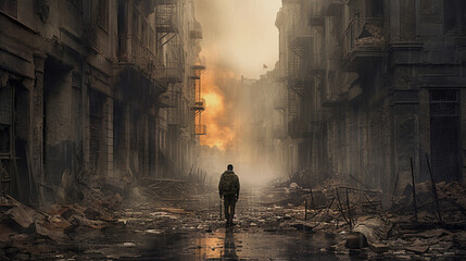A lone  soldier walking through a ruined city of burning high-rise buildings. - obrazy, fototapety, plakaty