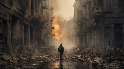 Poster A lone  soldier walking through a ruined city of burning high-rise buildings. © Tanuha