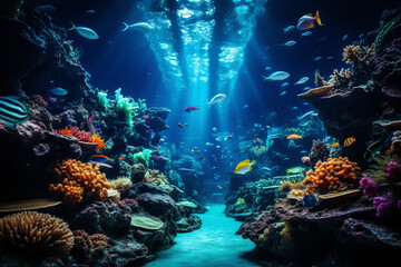 Naklejka na ściany i meble Underwater world with corals turtle fishes ocean inside. coral reef, blue tortoise, dept, lagoon aquatic world, coral formations animals marine life, aquatic creatures, water characters sea immensity,