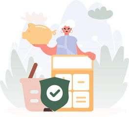 Cash related Security Shield. Energetic woman with Piggy Bank, Calculator, and Jokester.