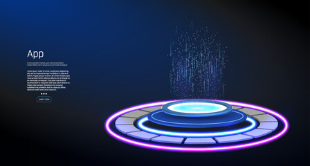 Step into the future with our circle portals, teleporting you to new dimensions. Our hologram gadget displays a blank stage, perfect for showcasing products in a futuristic cyberpunk style