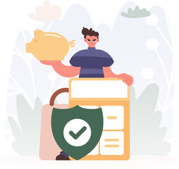 Cash related Security Guarantee. Man with Piggy Bank, Calculator, and Jokester.