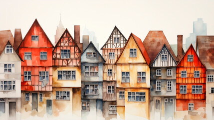 Watercolor illustration of old houses in Strasbourg, Alsace, France.AI Generated