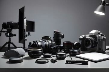 A table with a camera and other objects on it Generative AI