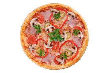 pizza with ham, mushrooms, tomato, mozzarella pickle on white background for food delivery site menu