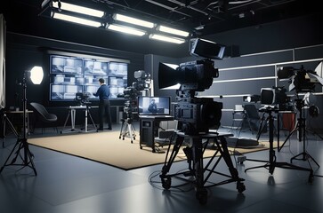 A person standing in a room with cameras and monitors Generative AI