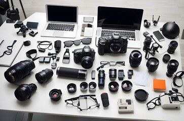 Fototapeta na wymiar A laptop and several camera lenses Generative AI