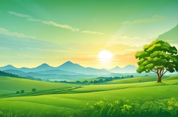 Obraz premium A green field with a tree and mountains in the background Generative AI