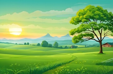 Obraz premium A green field with a tree and a house in the distance Generative AI