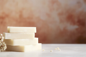 Lumps of white natural soap lay on the table. Banner template with copy space for text. Natural cosmetics, handmade soap, eco-friendly square bars of soap.