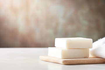 Lumps of white natural soap lay on the table. Banner template with copy space for text. Natural cosmetics, handmade soap, eco-friendly square bars of soap.