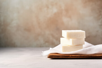 Lumps of white natural soap lay on the table. Banner template with copy space for text. Natural cosmetics, handmade soap, eco-friendly square bars of soap.